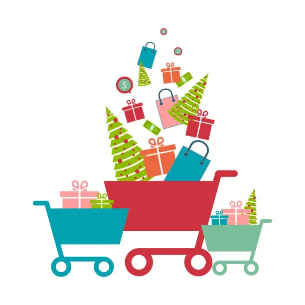 Vector illustration of Shopping cart with presents,isolated. Holiday shopping. Sales. Vector illustration. Eps 10.