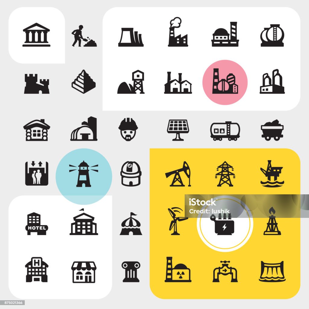 Construction site and Industrial Buildings - icon set Construction site and Industrial Buildings - UI Ultimate. Icon Symbol stock vector