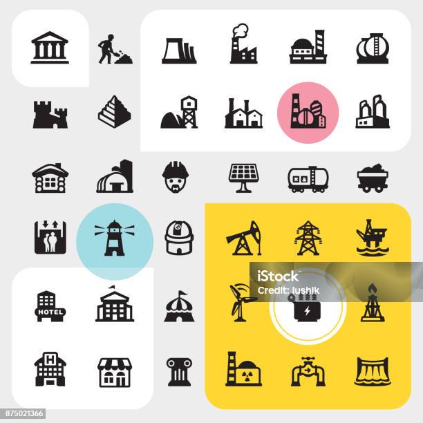 Construction Site And Industrial Buildings Icon Set Stock Illustration - Download Image Now