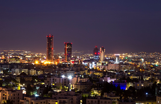 Abdali area towers and hotels at night - Amman city skyline at night