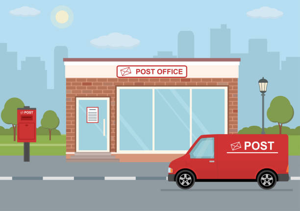 Post office building, delivery truck and mailbox on city background. Post office building, delivery truck and mailbox on city background. Flat style, vector illustration. post office stock illustrations