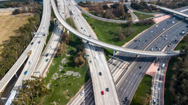 istock Aerial view of a freeway intersection in Los Angeles 875028988
