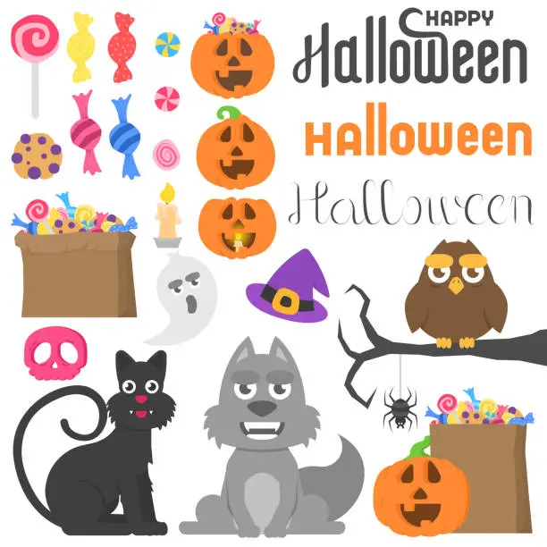 Vector illustration of Big set with different halloween stuff