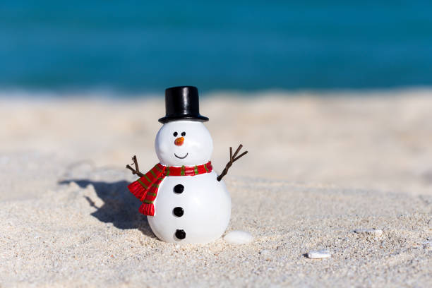 istock Snowman toy on white sandy beach 875031166