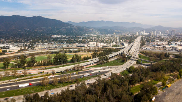 istock Aerial view of a freeway intersection in Los Angeles 875031168