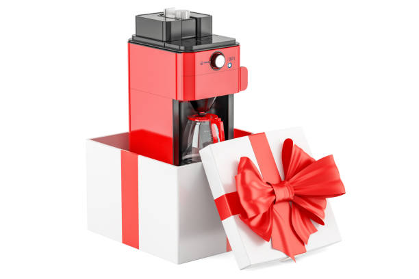 istock Coffeemaker or coffee machine oven inside gift box, gift concept. 3D rendering isolated on white background 875032534