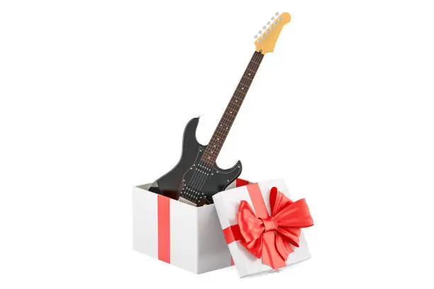 Gift box with electric guitar, 3D rendering isolated on white background