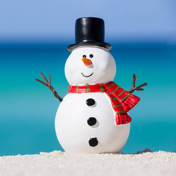 istock Snowman toy at white sandy beach 875035512