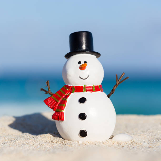 istock Snowman toy on white sandy beach 875035544