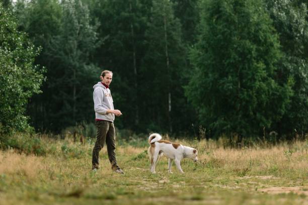 istock Young man is playing with his dog at nature. 875037012