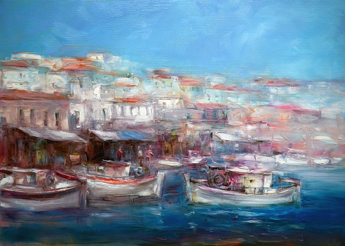 Boats on the island harbor,handmade oil painting on canvas