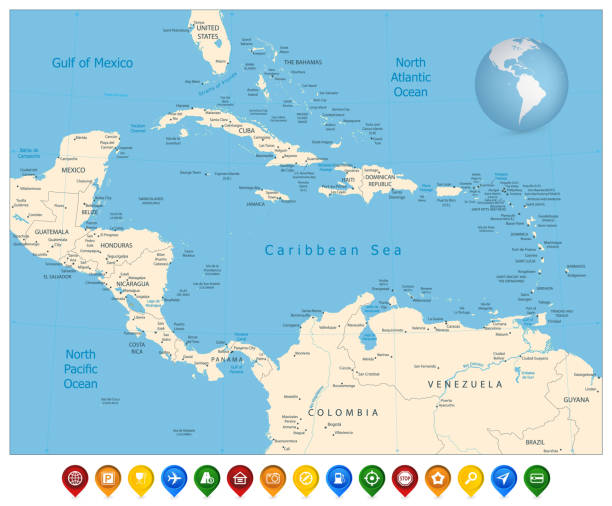 Political Map of the Caribbean and colorful map markers Political Map of the Caribbean and colorful map markers. Highly detailed vector illustration. grenada caribbean map stock illustrations