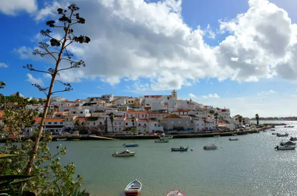 Ferragudo, Algarve, Portugal: the town seen from across the arm of the Arade River that it's Ferragudo's northern limit - boats and beach - centuryplant in bloom on the right and Praia da Rocha in the backround
