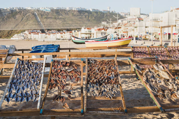 Dry fish on racks in Nazare, Portugal stock photo