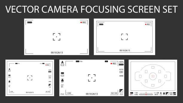 illustrazioni stock, clip art, cartoni animati e icone di tendenza di moderno schermo di messa a fuoco della fotocamera con impostazioni 5 in 1 confezione - digitale, mirorless, dslr. registrazione della fotocamera dei mirini bianchi isolata. illustrazione vettoriale - visore 3d