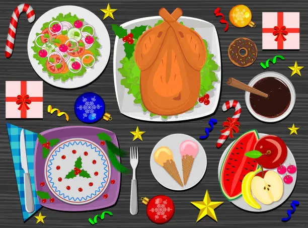Vector illustration of Christmas Dinner On Table