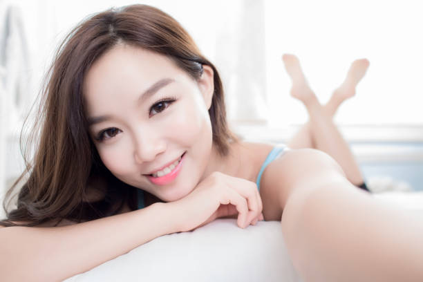 beauty woman smile happily and selfie in home