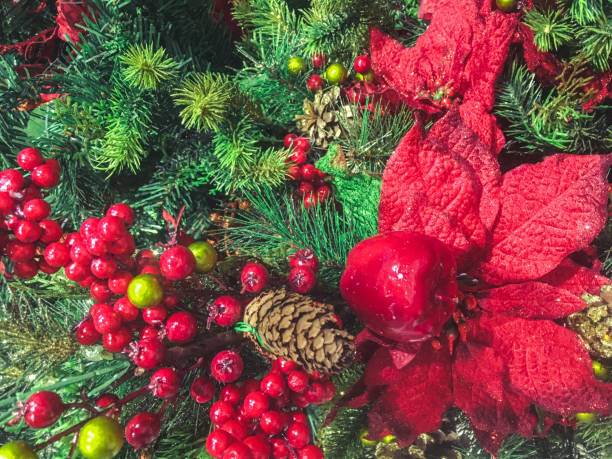 istock Poinsettia flowers and red berries on pine tree 875078196