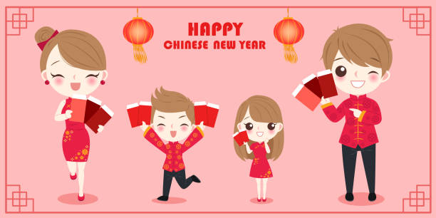 family with chinese new year cartoon family with chinese new year on the red background watch cartoon gold illustration and painting stock illustrations