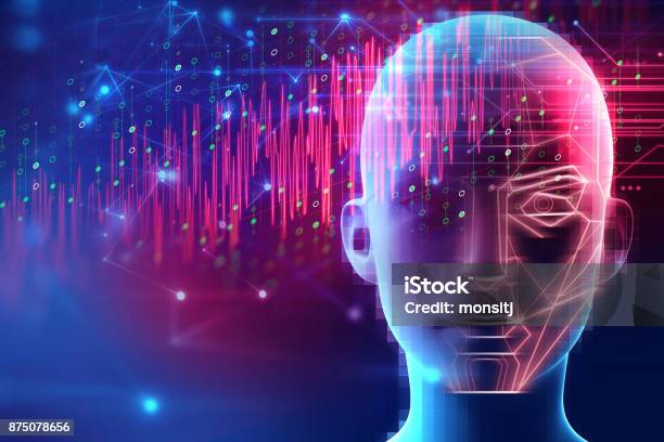 Volto Grafico Su Sfondo Tecnologico Astratto - Fotografie stock e altre immagini di Intelligenza artificiale - Intelligenza artificiale, Affari finanza e industria, Apprendimento automatico