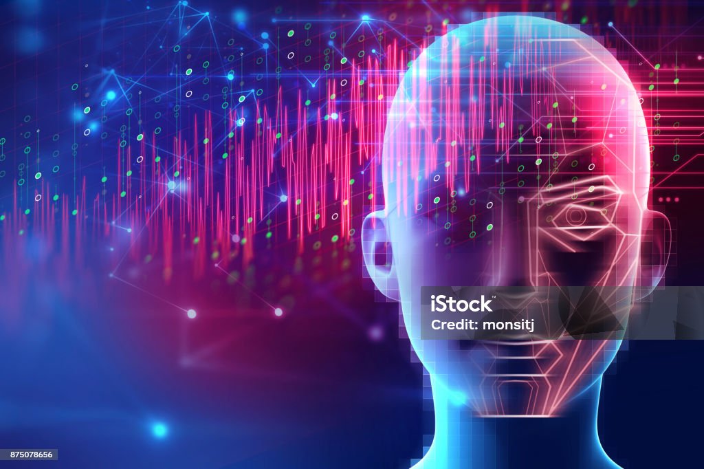 graphic face on abstract technology background 3d illustration of robotic human head with graphic element face represent artificial  Artificial Intelligence Stock Photo