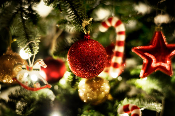 istock Closeup of Christmas tree ornaments 875082128