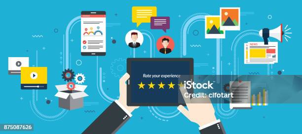 Rating System On Tablet Screen With Five Stars Stock Illustration - Download Image Now - Social Media Marketing, Customer Focused, Questionnaire