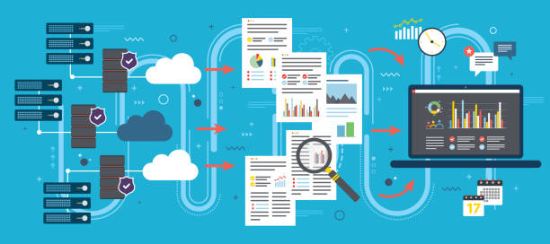 Cloud Computing, big data analysis and data mining. Laptop accessing data from cloud computers. Concepts big data analysis, data mining, cloud computing devices, data network and business intelligence. Flat vector illustration. data mining stock illustrations