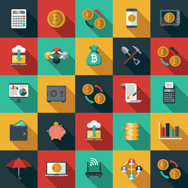 Bitcoin Cryptocurrency Flat Design Icon Set with Side Shadow A set of flat design styled Bitcoin (Cryptocurrency) icons with a long side shadow. Color swatches are global so it’s easy to edit and change the colors. blockchain clipart stock illustrations
