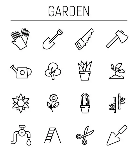 Vector illustration of Set of garden icons in modern thin line style.