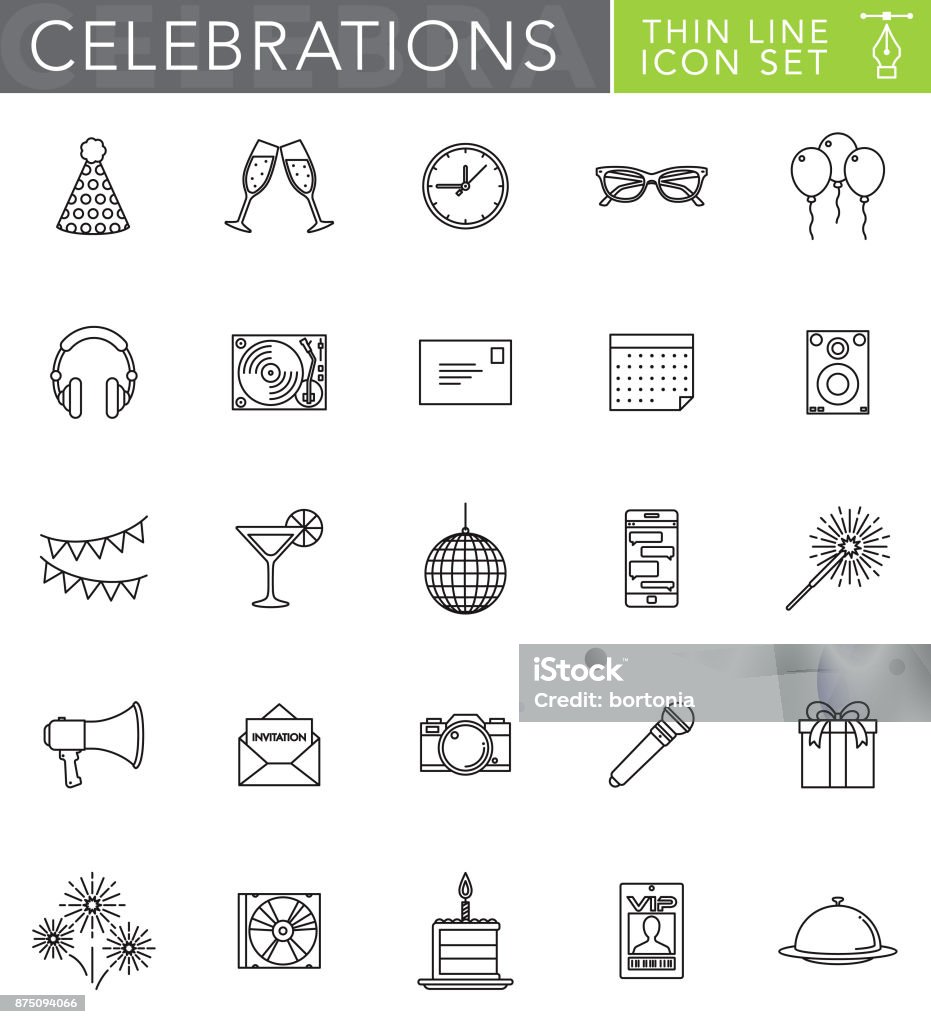 Celebrations & Parties Thin Line Icon Set in Flat Design Style A thin line flat design style icon set. File is cleanly built and easy to edit. Vector file is built in the CMYK color space for optimal printing. Icon Symbol stock vector