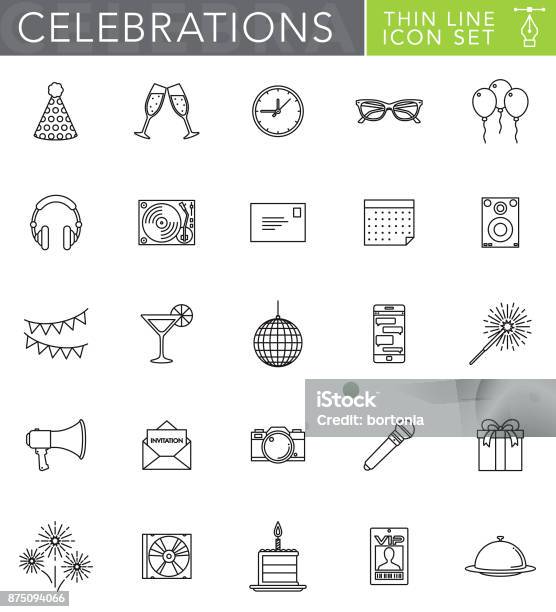 Celebrations Parties Thin Line Icon Set In Flat Design Style Stock Illustration - Download Image Now