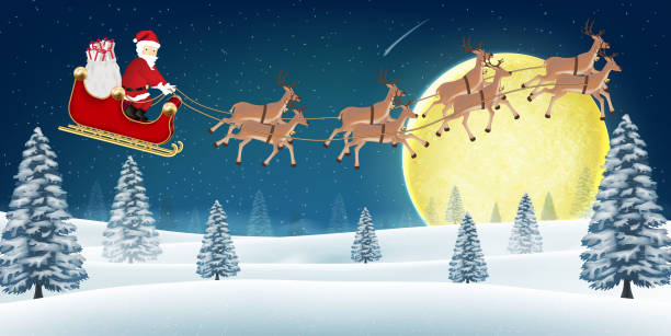 istock santa claus with reindeer fly over winter hill 875096702