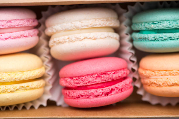 istock Sweet macarons. Different french cookies macaroons in a paper box. 875096866