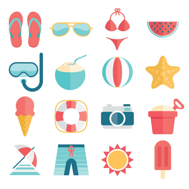 ilustraciones, imágenes clip art, dibujos animados e iconos de stock de conjunto de icono de vacaciones de verano simple y plana - echinoderm