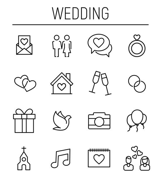 Set of wedding icons in modern thin line style. Set of wedding icons in modern thin line style. High quality black outline celebration symbols for web site design and mobile apps. Simple wedding pictograms on a white background. sports photography stock illustrations