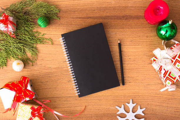 istock diary post card flyer Christmas composition. Christmas gift, pine cones, fir branches on wooden white background. Flat lay, top view 875120322