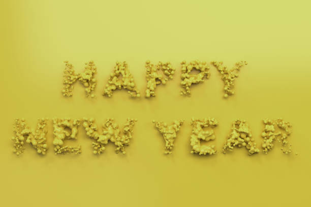 istock Liquid yellow Happy New Year words with drops on yellow background 875120992