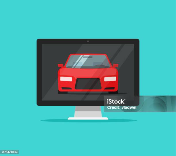 Auto Graphics Computer Car Or Auto On Computer Screen Vector Illustration Flat Cartoon Design ...