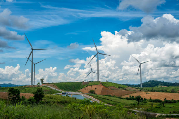 istock Wind turbine power generators on mountain 875121420