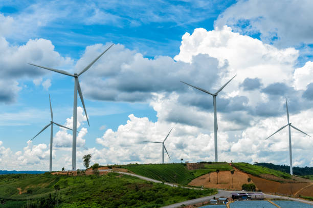 istock Wind turbine power generators on mountain 875121452
