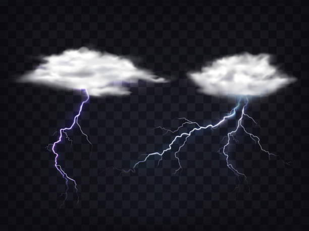 istock Set of vector illustrations of transparent white clouds with lightning charge. 875127746