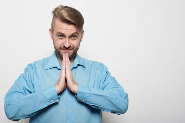 istock Single pensive bearded man in blue shirt and calm expression 875128166