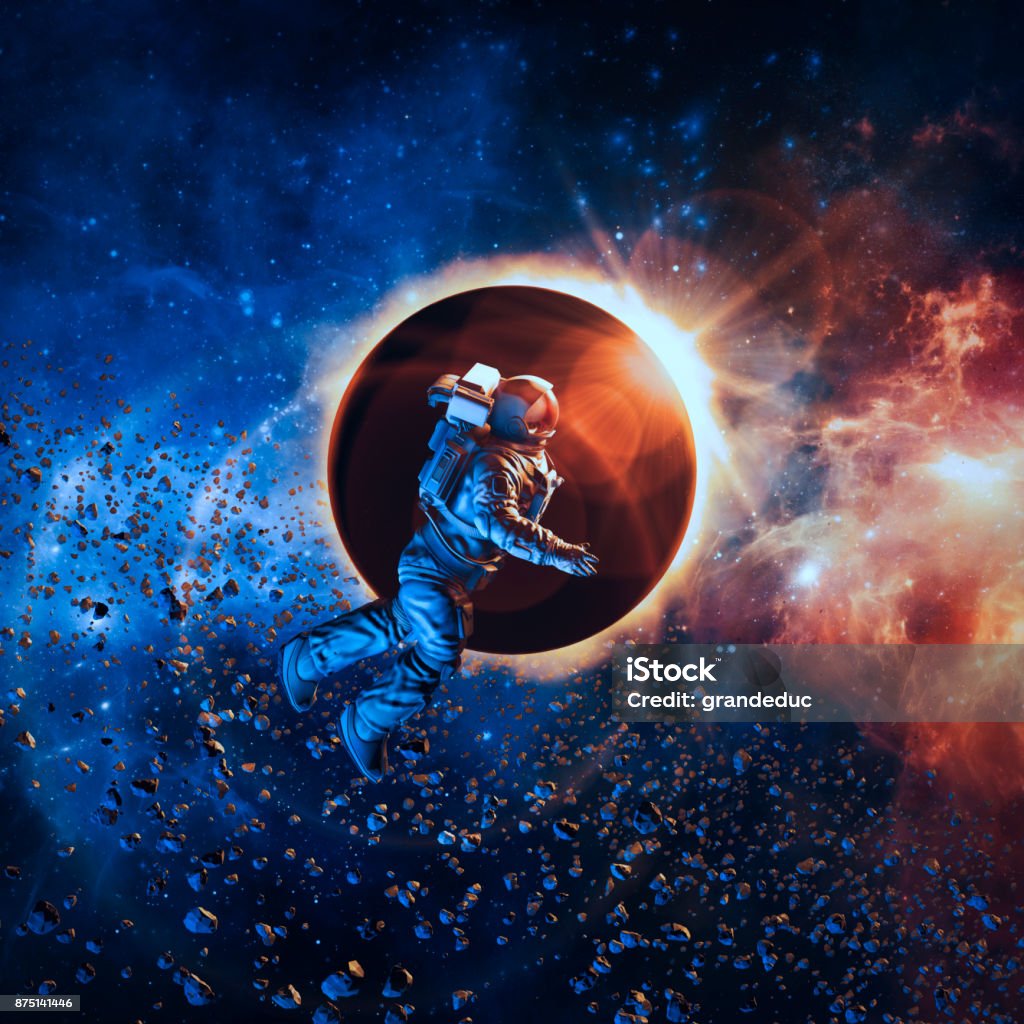 Solar eclipse astronaut 3D illustration of astronaut floating in space during solar eclipse Astronaut Stock Photo