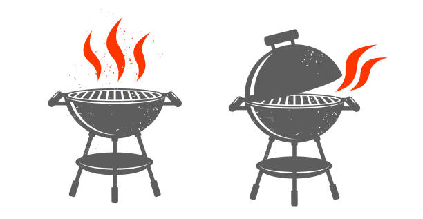 Black BBQ Grill illustrations. BBQ Grill with red fire on white background. barbecue grill stock illustrations