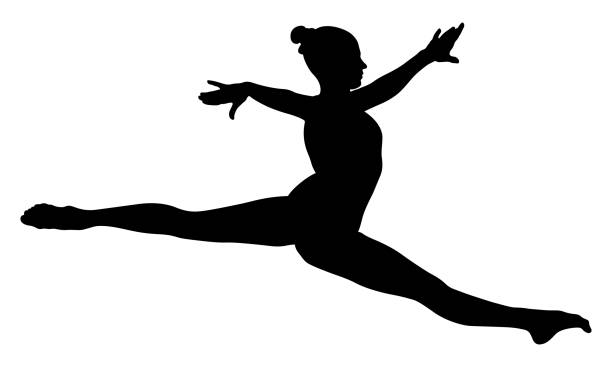 Split jump girl gymnast Split jump girl gymnast in competition gymnastics black silhouette gymnastics stock illustrations