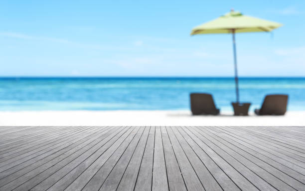 istock Wooden platform with tropical beach Holiday abstract background 875151278