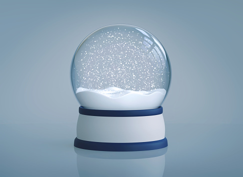 Christmas snow globe with reflection on blue background. 3D rendering