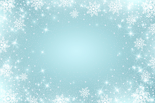 Snow frost effect on blue background. Vector Illustration. Abstract bright white shimmer lights and snowflakes. Glowing blizzard. Scatter falling round particles.