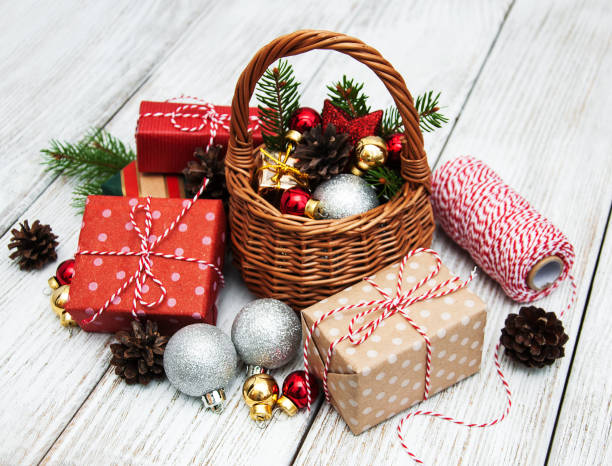 istock Christmas baubles in basket 875161238
